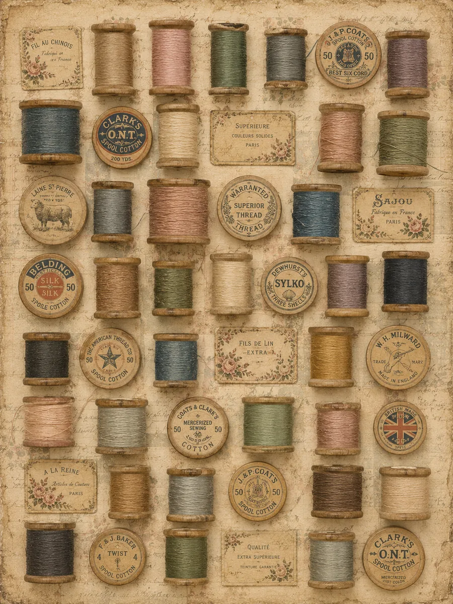 Antique wooden thread spools in muted colors with vintage French and English sewing labels